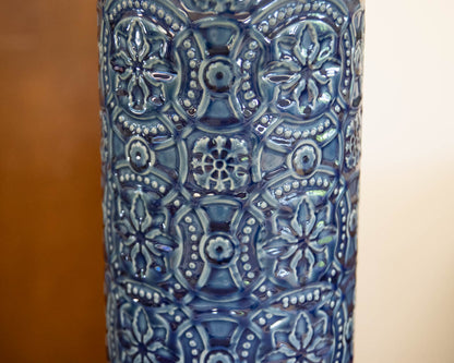 Pair of Embossed Blue Column Table Lamps with White Drum Shades