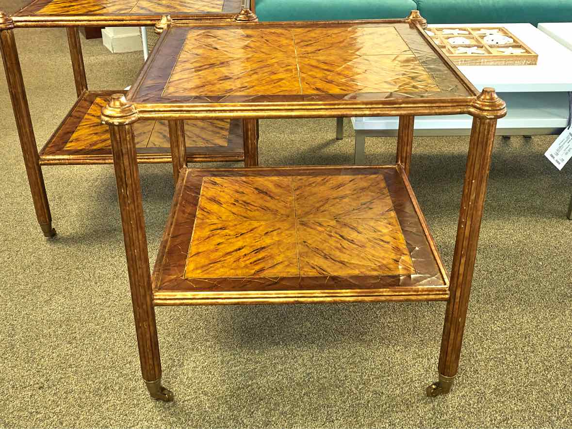 Pair of Gilded Square Side Tables on Casters with Decorative Top and Shelf