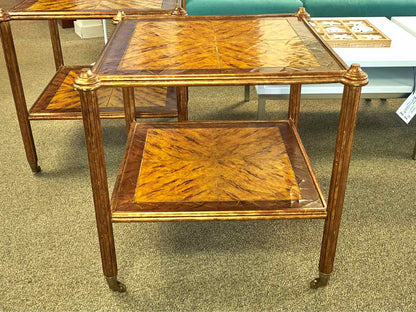 Pair of Gilded Square Side Tables on Casters with Decorative Top and Shelf