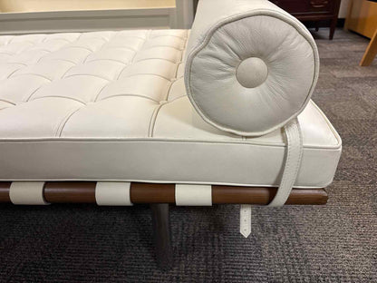 White Leather Button Tufted Chaise w/ Pillow