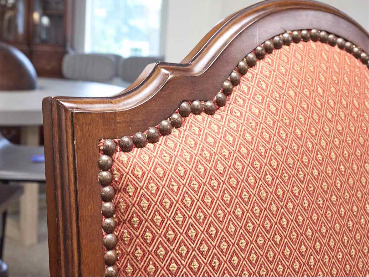 Wood Paneled Dining Table & 8 Fabric Dining Chairs w/ Nail Head Trim