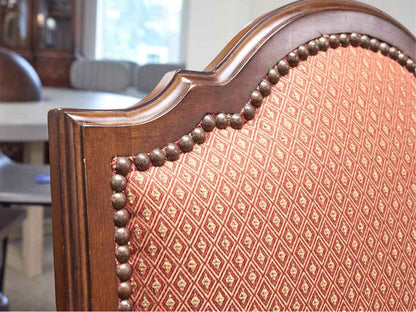 Wood Paneled Dining Table & 8 Fabric Dining Chairs w/ Nail Head Trim