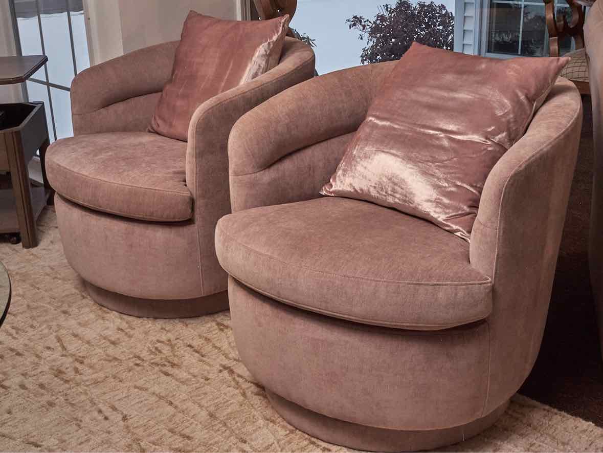 Pair of West Elm Milo Baughman Style 'Light Pink Shimmer' Swivel Modern Chairs