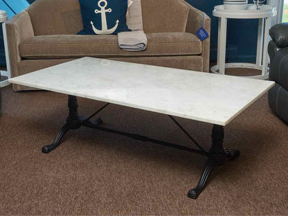 Pottery Barn White Marble Cocktail Table with Black Wrought Iron Base