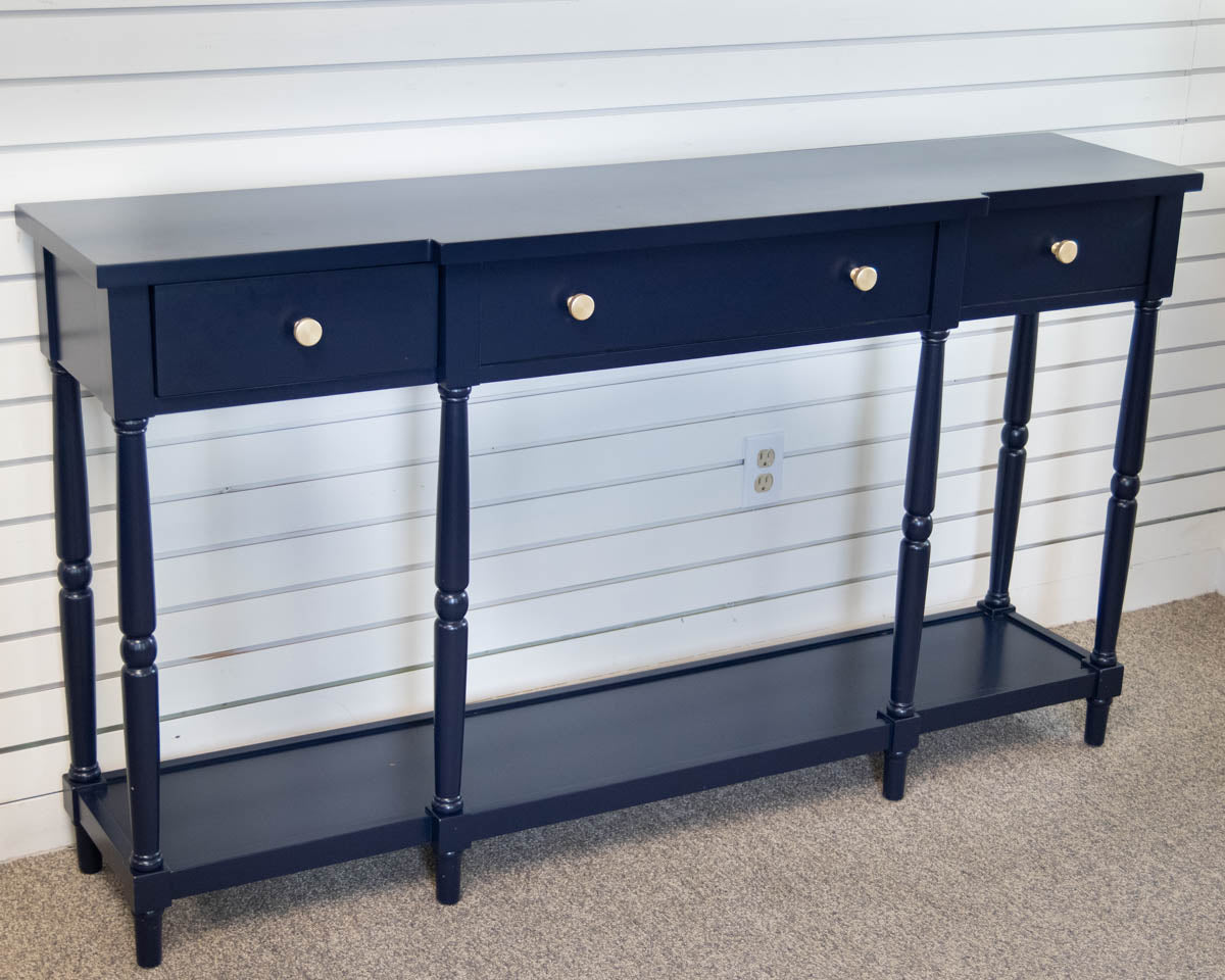 Breakfront Console with Drawers and Shelf in Navy with Gold Pulls