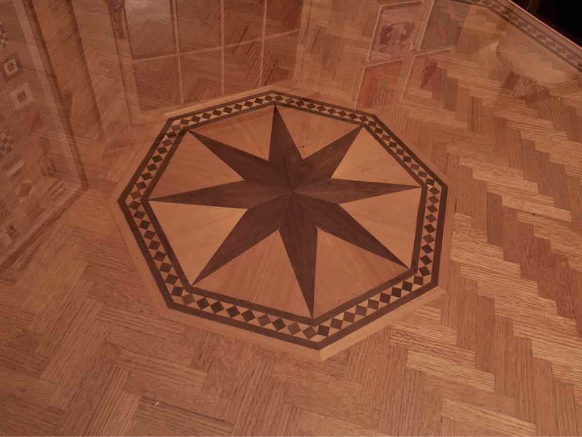 Peacan Inlaid Octagon Dining Table on Steel Pedestal Base