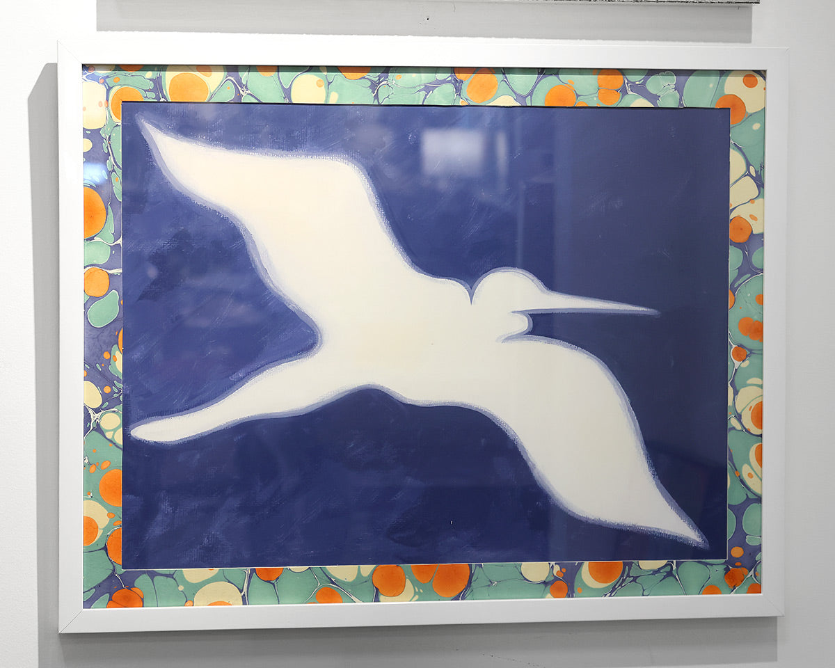 "Egrets - Flight II" Art on Decorative Paper in White Shadowbox Frame