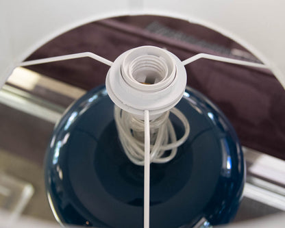 Dark Blue Ceramic Table Lamp with White Drum Shade and Lucite Base