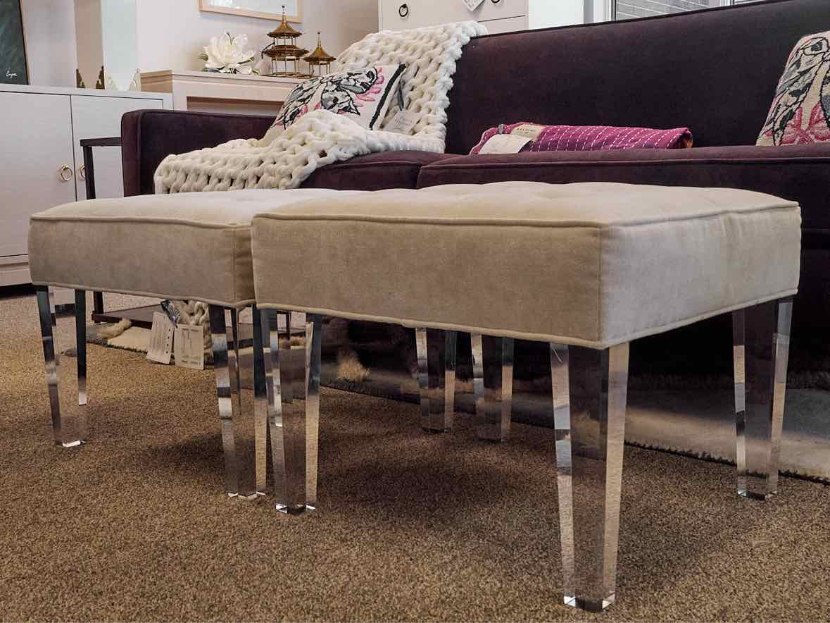 Pair of MG+BW Vanilla Upholstered Ottomans with Acrylic Legs