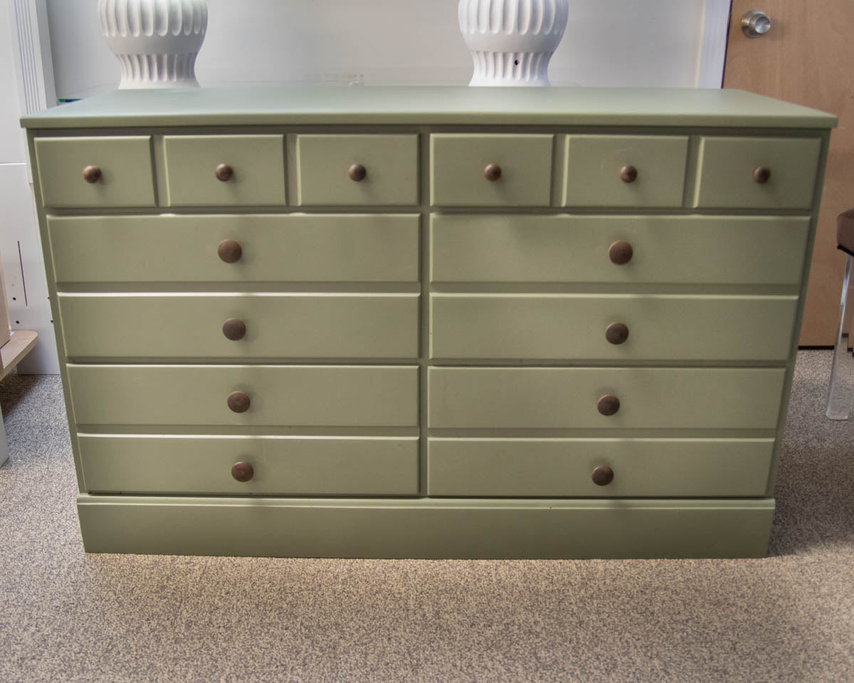 Six  Drawer Dresser In Sage Green Finish W/ Wood Knobs