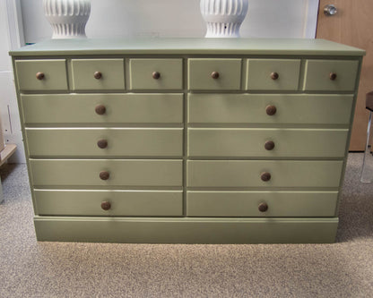 Six  Drawer Dresser In Sage Green Finish W/ Wood Knobs