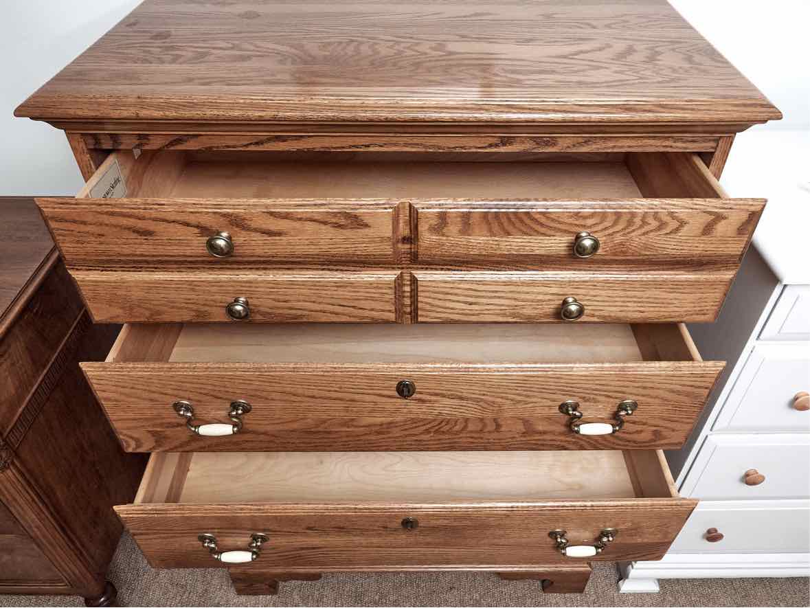 Jamestown Sterling Oak 5 Drawer Chest on Chest with Brass & Porcelian Handles