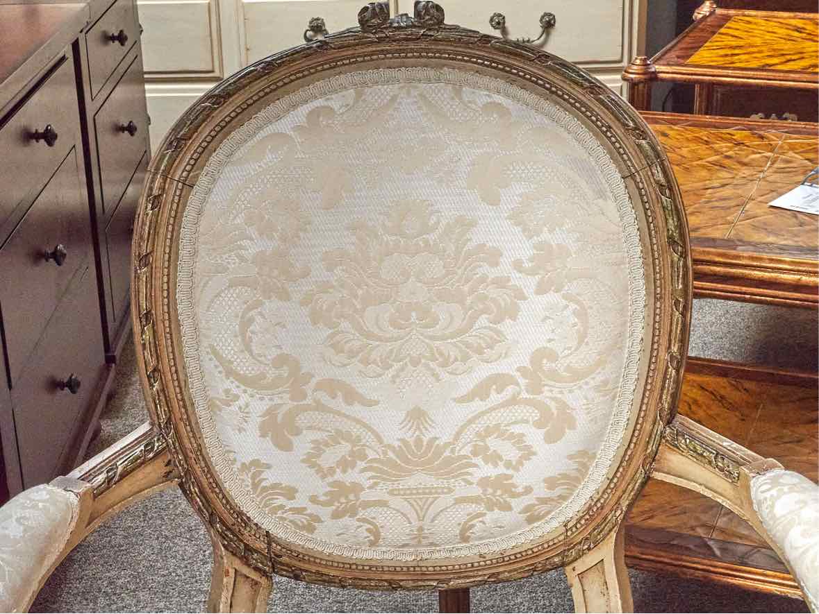 Louis XIV Cream Damask Arm Chair with Gold Carved Frame