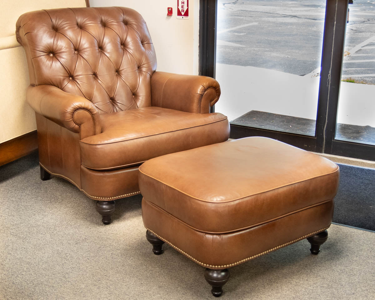 Ethan Allen 'Shaw' Leather Arm Chair & Ottoman