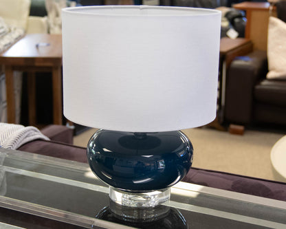 Dark Blue Ceramic Table Lamp with White Drum Shade and Lucite Base