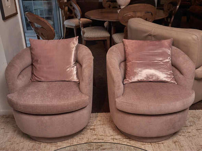 Pair of West Elm Milo Baughman Style 'Light Pink Shimmer' Swivel Modern Chairs