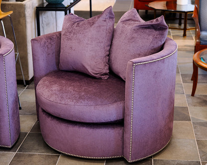 Pair of Rene Cazares Purple Upholstered Swivel Chairs