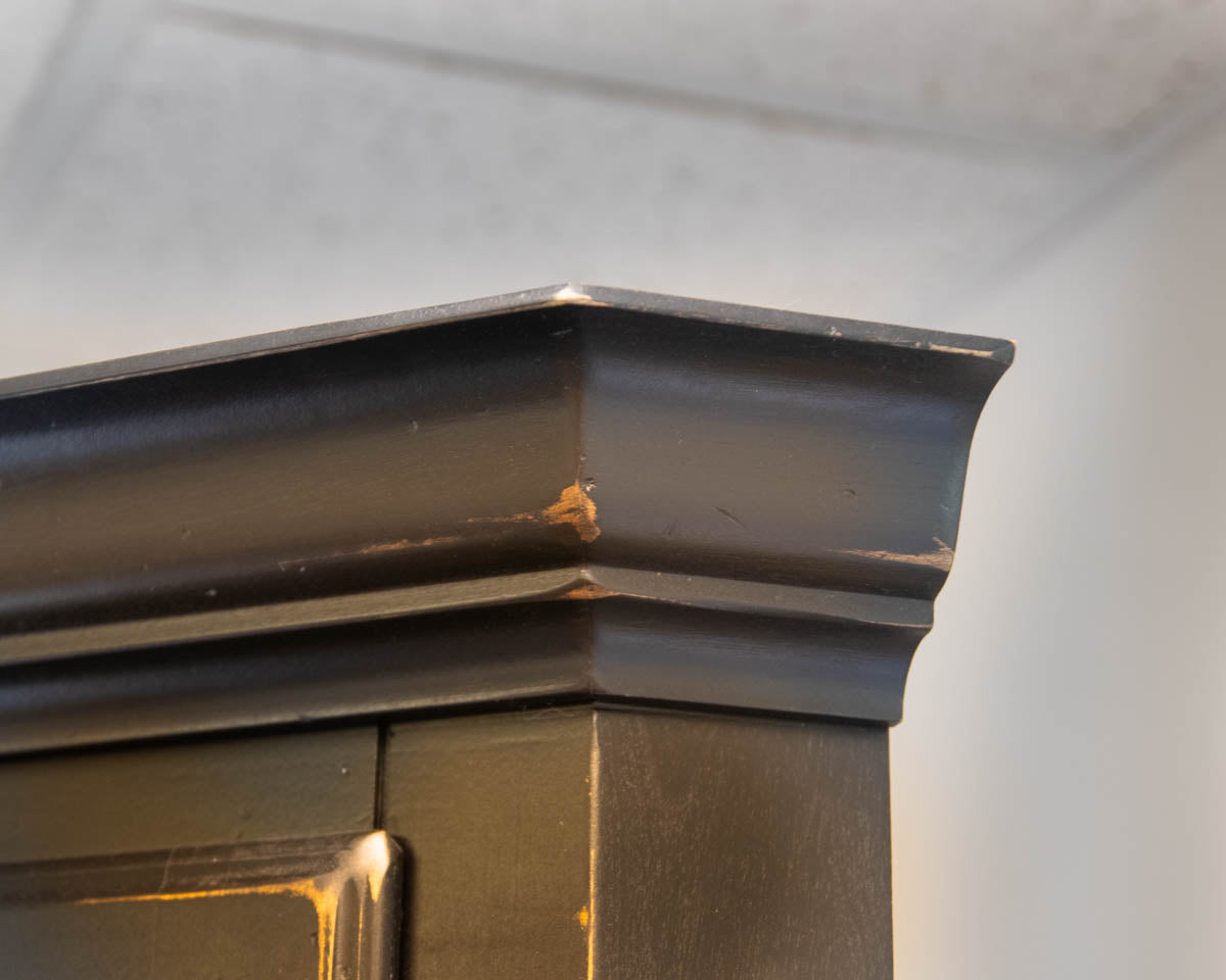 Canadel Black Distressed Corner Cabinet Featuring Glass Display Doors