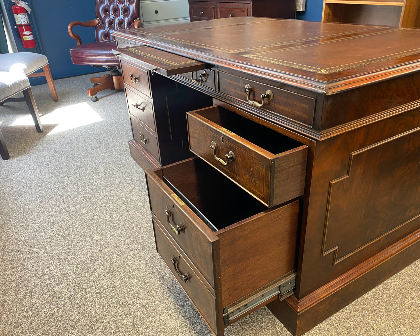 Mahogany Partners Desk with Tooled Brown Leather Top