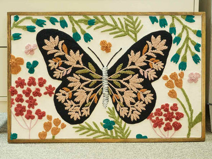 Framed Hand-Hooked Art With Butterfly and Flowers