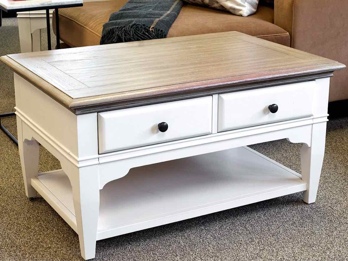 Cocktail Table on Casters with Driftwood Finish Top and White Base