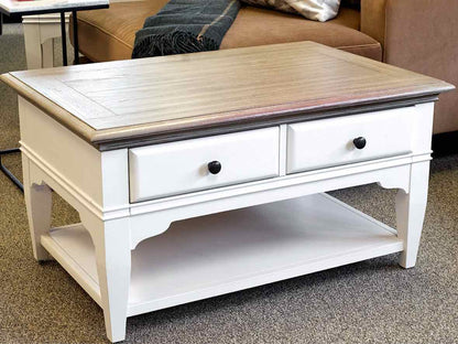Cocktail Table on Casters with Driftwood Finish Top and White Base