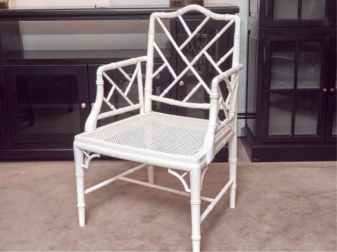 Bamboo & Cain Seat Arm Dining Chair in Arctic White Finish