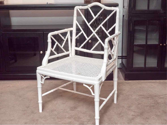 Bamboo & Cain Seat Arm Dining Chair in Arctic White Finish