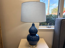 Navy Gourd Table Lamp with Pale Blue Shade and Crystal Accents