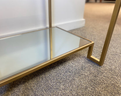 Antique Gold Side Table W/ Glass Top & Mirrored Shelf