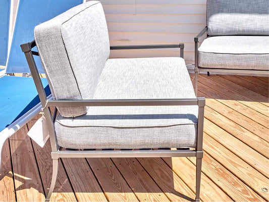 RH Gun Metal Gray Outdoor Lovesofa with Dove Grey Upholstered Cushions