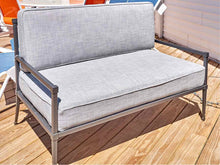 RH Gun Metal Gray Outdoor Lovesofa with Dove Grey Upholstered Cushions