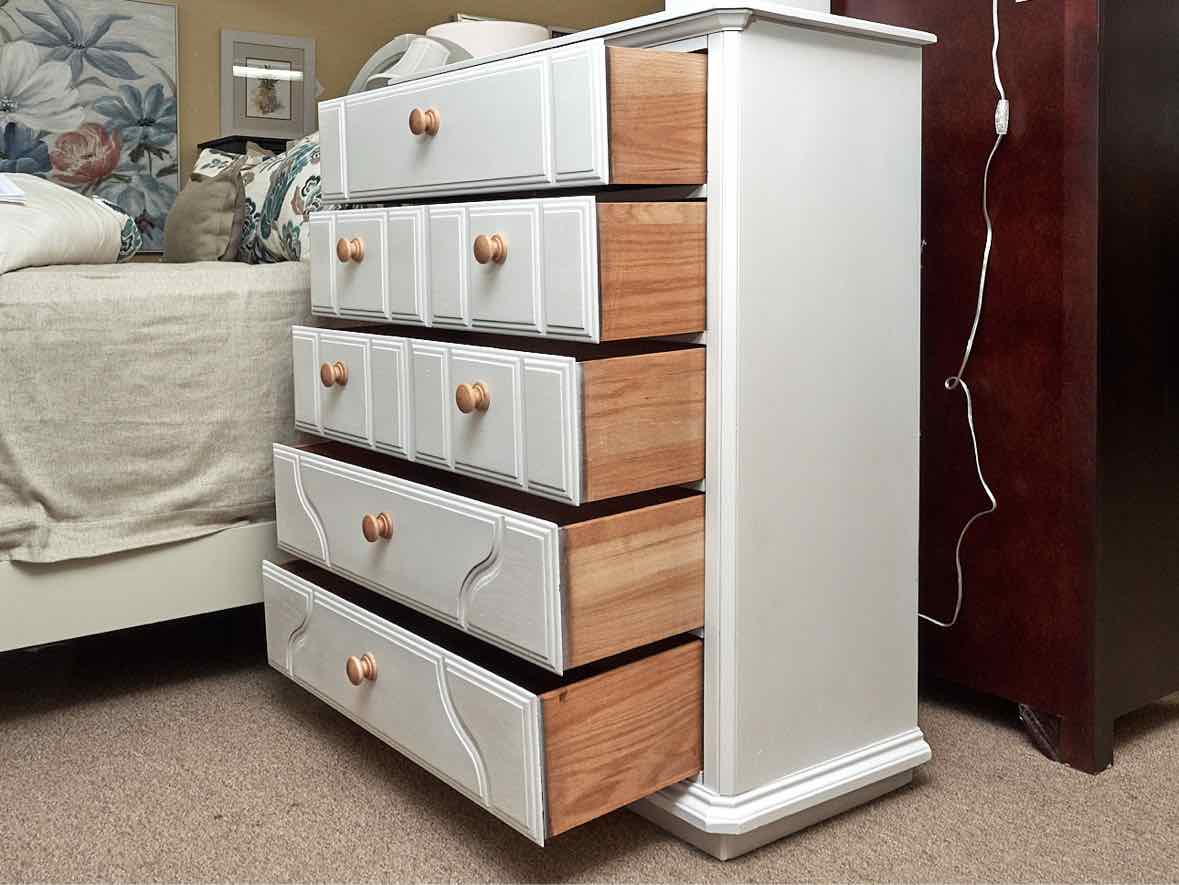 White Finish 5 Drawer Chest with Natural Wood Knobs