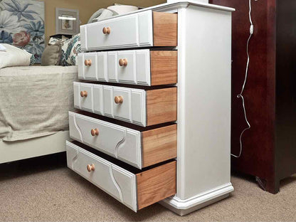 White Finish 5 Drawer Chest with Natural Wood Knobs