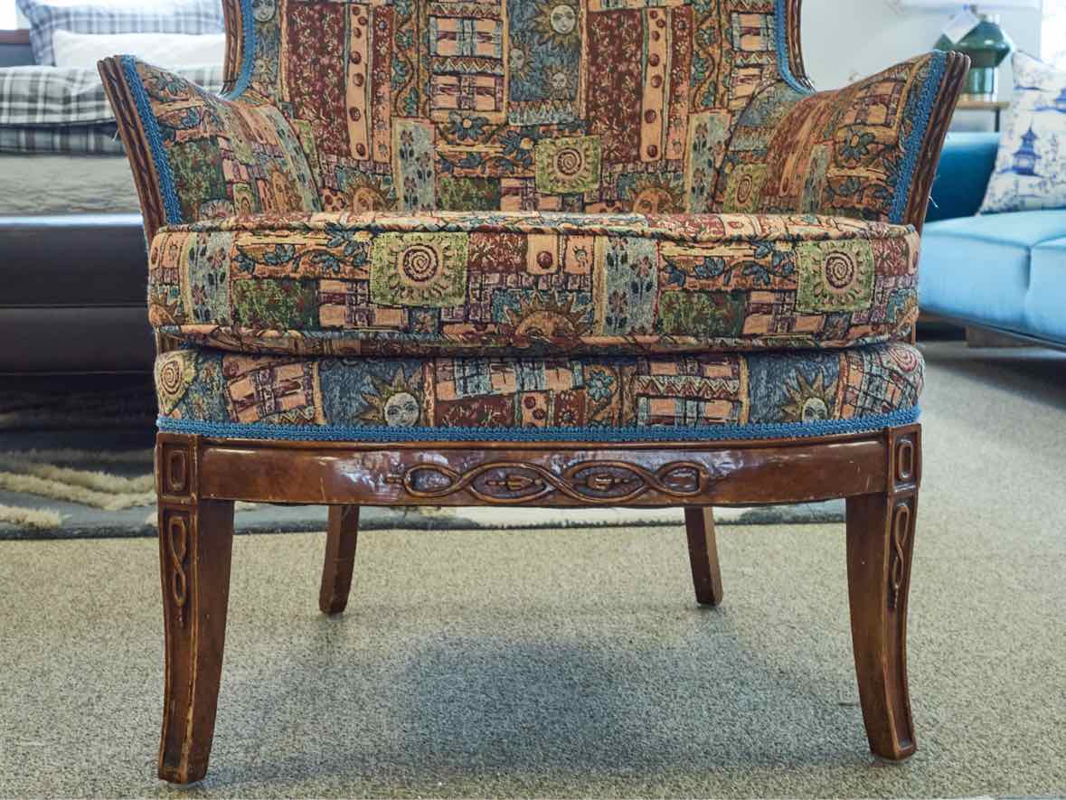 Woodframe Wing Chair in Quilt Print Fabric with Carved Detail