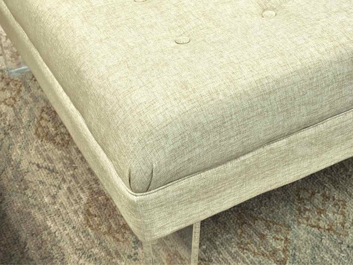 Gold & Ivory Button Square Ottoman with lucite Legs