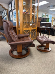 Scandinavian Style Brown Leather Reclining Chair with Ottoman