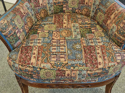 Woodframe Wing Chair in Quilt Print Fabric with Carved Detail