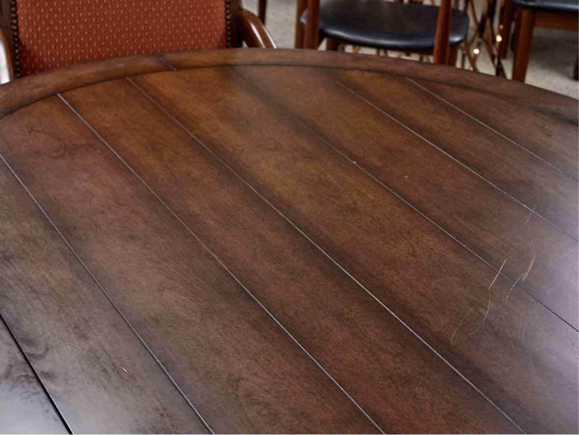 Wood Paneled Dining Table & 8 Fabric Dining Chairs w/ Nail Head Trim