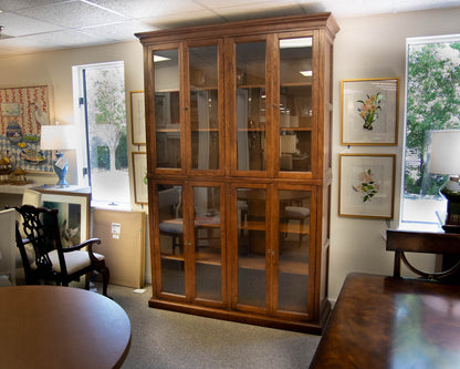 Two Piece Oak Wood Frame Paned Glass Display/ Library Cabinet