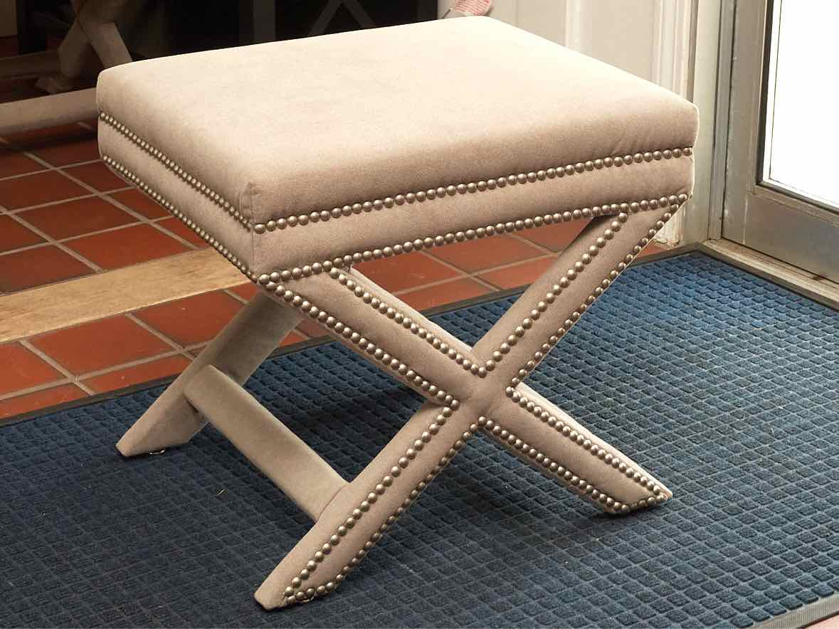 Pair of Grey Velvet X Base with Nickel Nailhead  Benches
