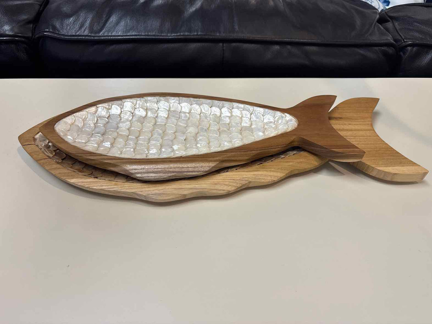 Set of Two Carved Teak Fish With Capiz Detail