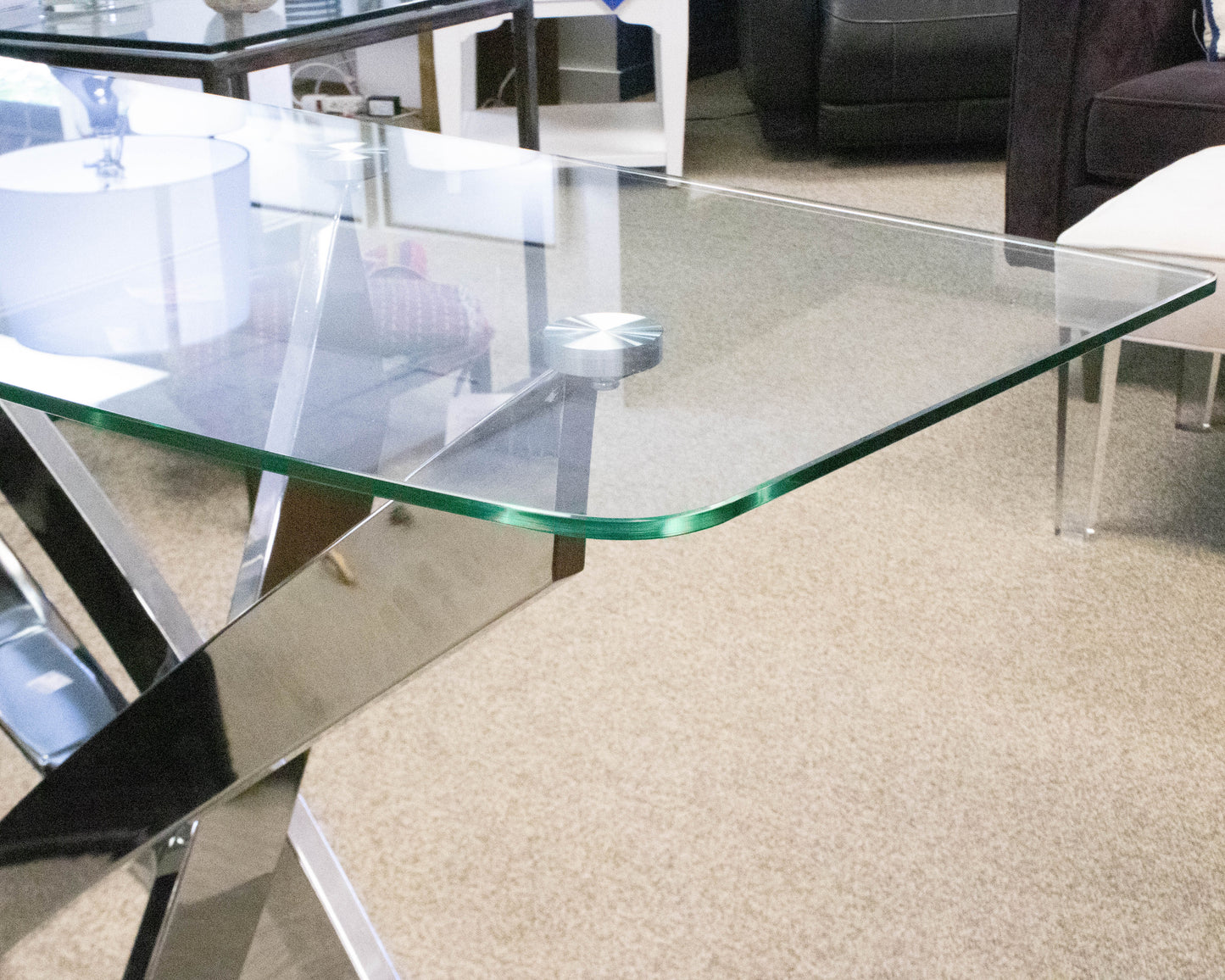 Contemporary Glass Top Bowfront Console on Chrome Angled Base