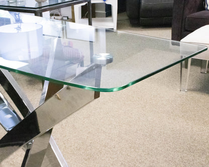 Contemporary Glass Top Bowfront Console on Chrome Angled Base