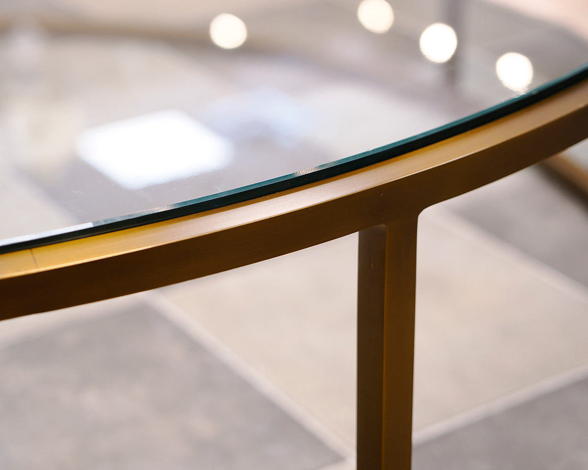 Round Glass Cocktail Table w/ Brass Metal Frame