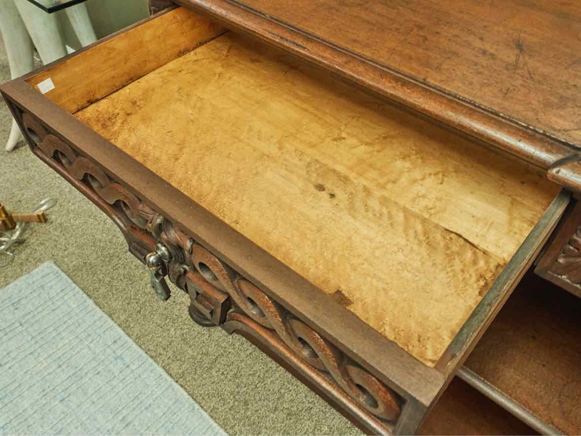 Carved Walnut Open Server with Drawers, Pewter Pulls and Two Shelves