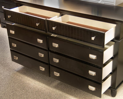 Eight  Drawer Dresser In Black Finish W/ Chrome Hardware