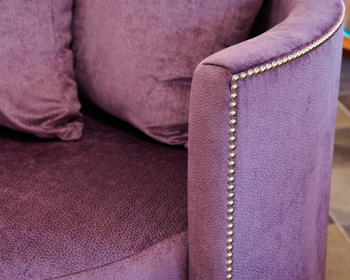 Pair of Rene Cazares Purple Upholstered Swivel Chairs