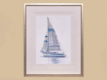 "Sailboat 2" Matted Print on Paper in Silver Beaded Frame