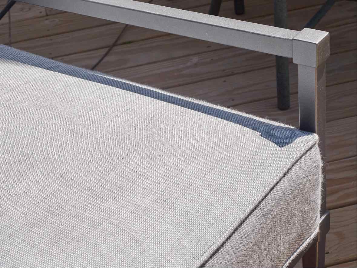 RH Gun Metal Gray Outdoor Lovesofa with Dove Grey Upholstered Cushions